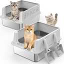 2PACK Stainless Steel Cat Litter Box with Lid, High-Sided Metal Litter Pan for Small Cats, Kitty Litter Box, Non-Stick & Odor-Resistant, Anti-Urine Leakage, Easy to Clean, Scoop Included (Silver Grey)