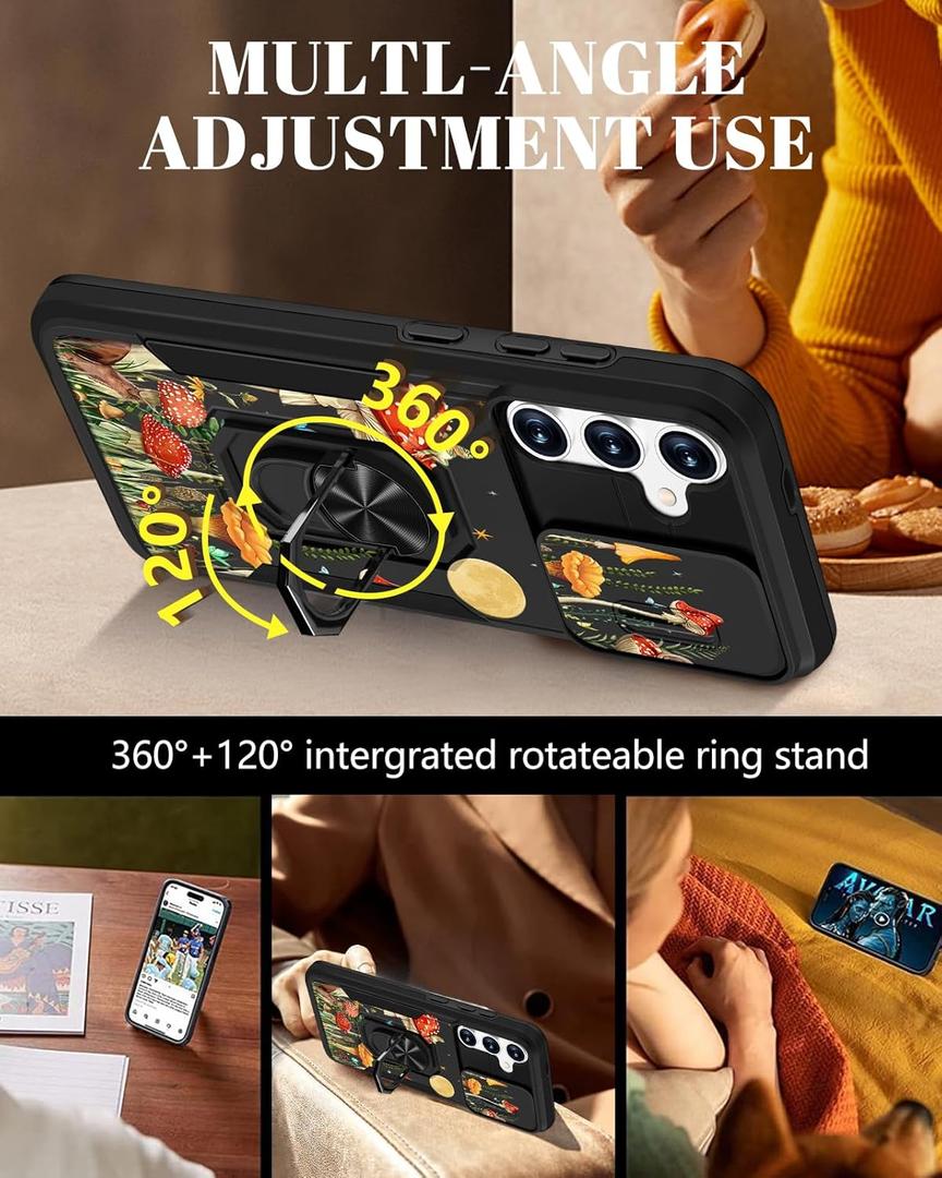 for Samsung Galaxy S24 Plus Case - Cute Aesthetic S24Plus Case with Camera Cover & Ring Stand for Women Girls Boy Shockproof for Samsung S24 Plus Cover, Moon Mushroom