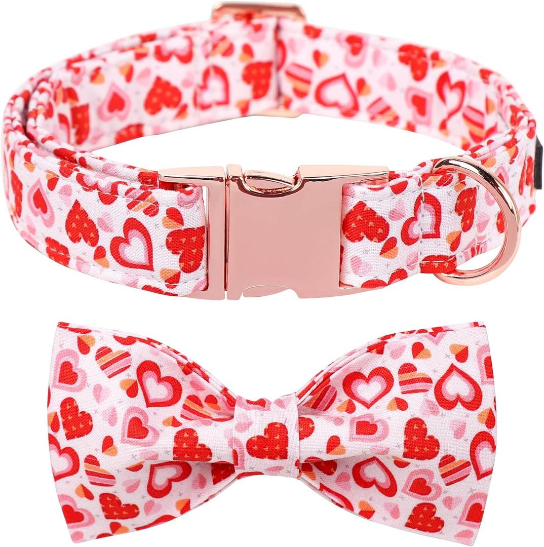 Maca Bates Valentine's Day Dog Collar with Fancy Bow for Extra Large Girl Boy Dogs,Love Pink Hearts Pattern,Adjustable Durable Soft Valentine Gift for Female Male Puppy (XL)