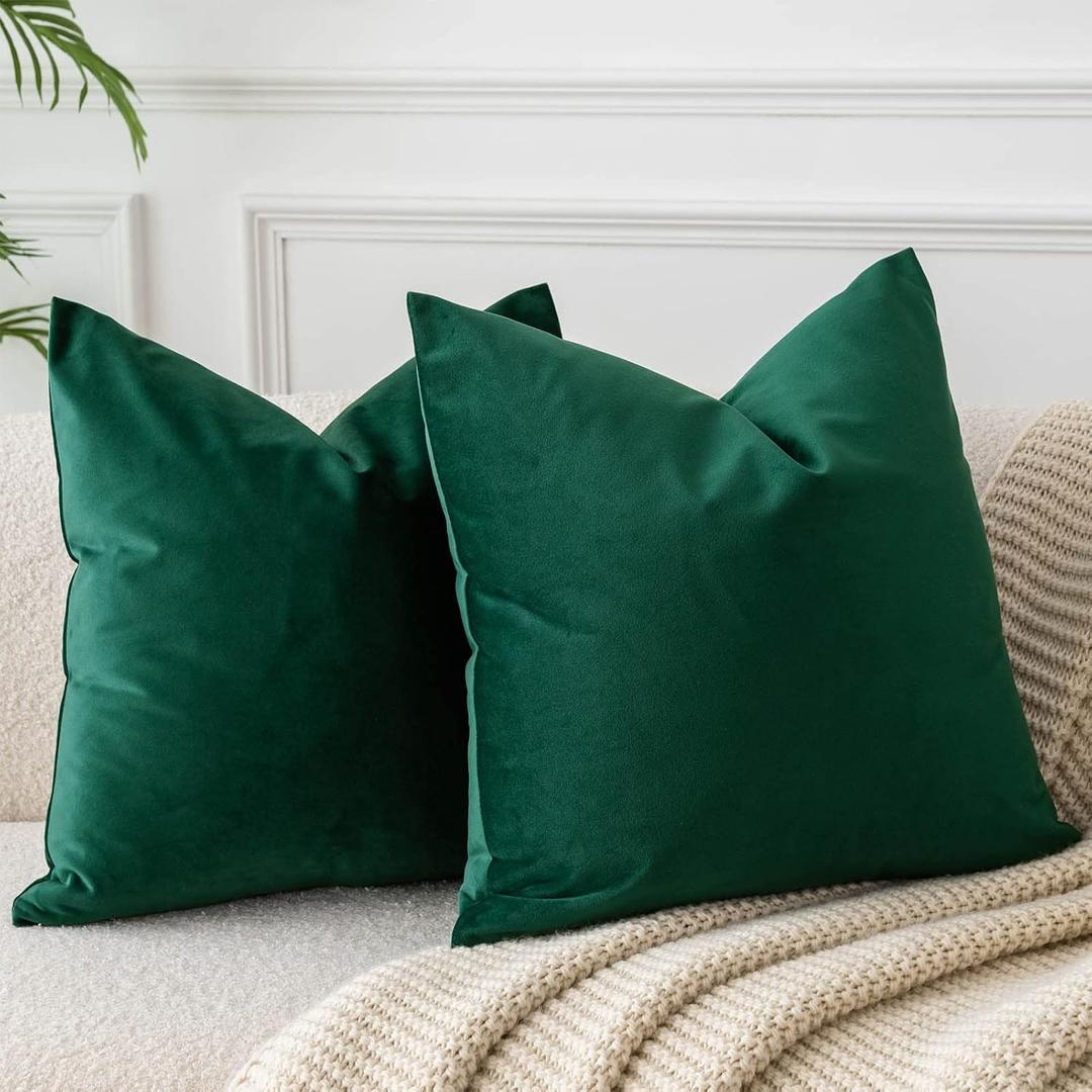 JUSPURBET Dark Green Velvet Throw Pillow Covers 22x22 inch Set of 2 for Living Room Couch Bedroom Decorative Luxury Soft Cushion Cases with Invisible Zipper (22" x 22" (Pack of 2), Dark Green)