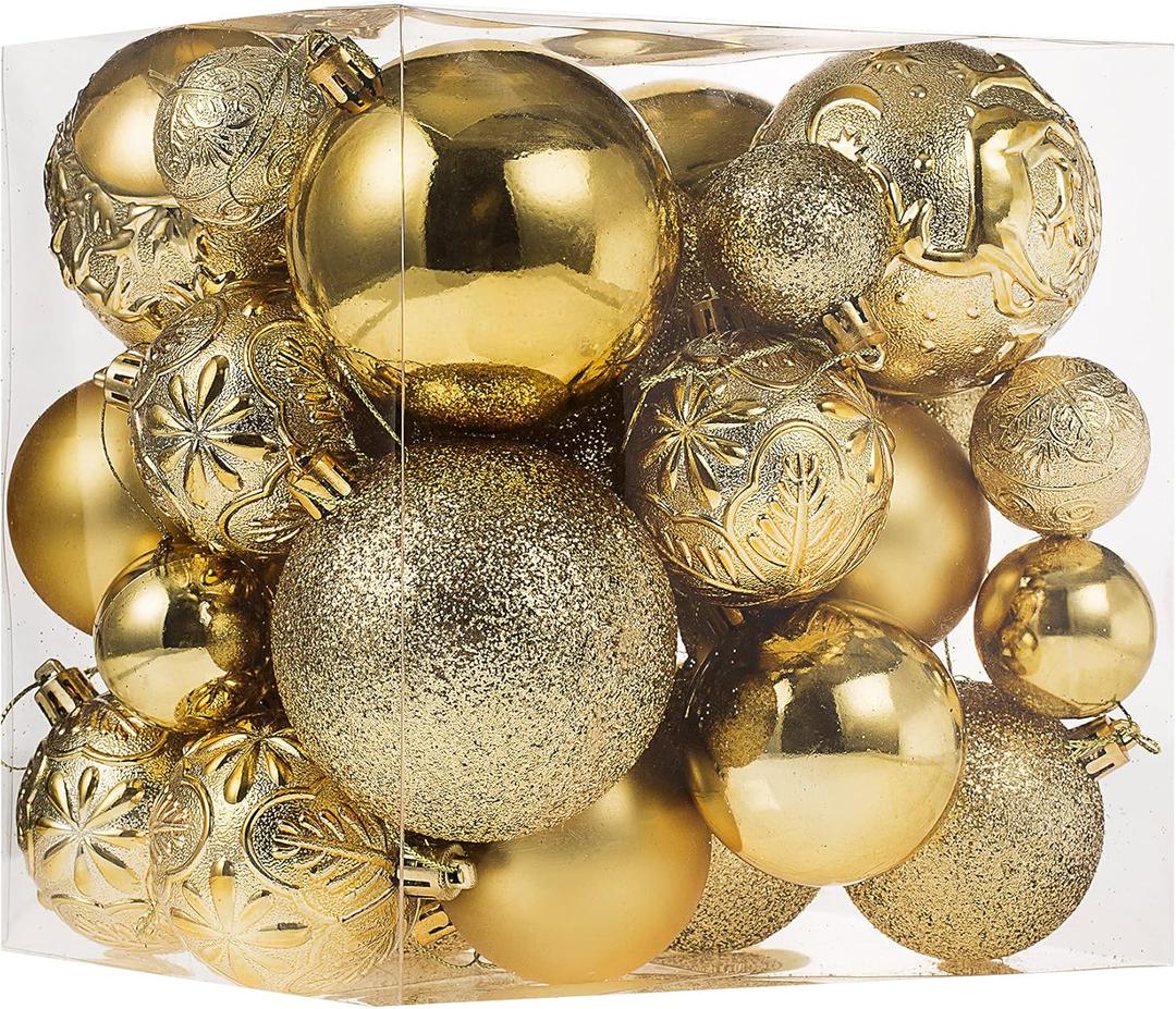Senjie Gold Shatterproof Christmas Ball Ornaments, 32 Pcs, Plastic, Hanging, Christmas, Wedding