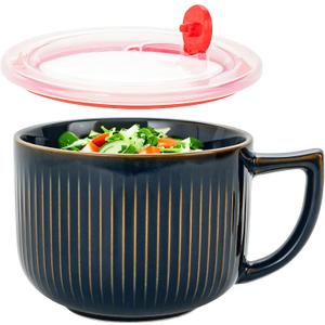 Pyrilo 38oz Ceramic Soup Bowls with Handle & Lid, Large Soup Mugs, Microwave & Dishwasher Safe Ceramic Soup Bowl for Cereal Oatmeal Ramen Instant Noodle Salad, Blue (2 Pack)