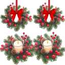 4PCS 8" Small Christmas Candle Rings Mini Wreaths for Cabinets with Red Berries Pinecones Pine Needles Xmas Decor for Pillars Front Door Window Christmas Table Centerpieces (No Red Ribbon)