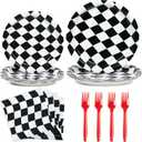 DECORLIFE 96Pcs Checkered Flag Party Supplies, Black and White Checkered Plates and Napkins Sets Serve 24, Race Car Birthday Party Decorations for Boys Birthday
