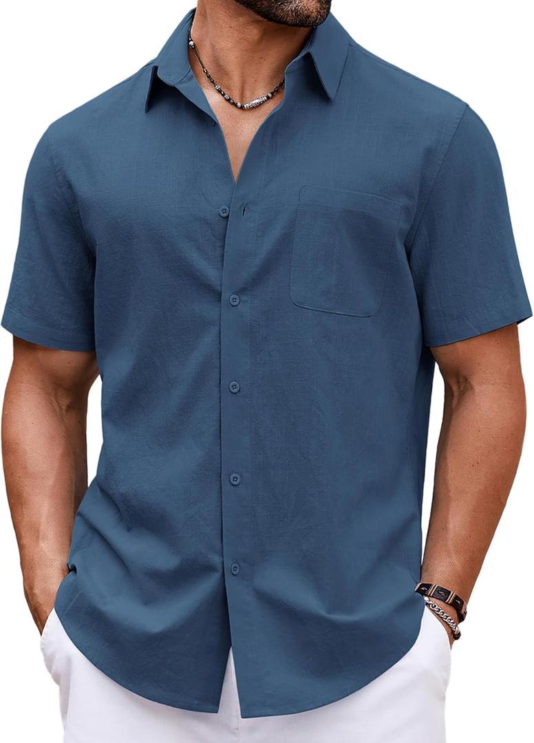 COOFANDY Button Down Shirt for Men Short Sleeve Casual Shirt Summer Beach Vacation Shirt with Pocket (Blue, S)