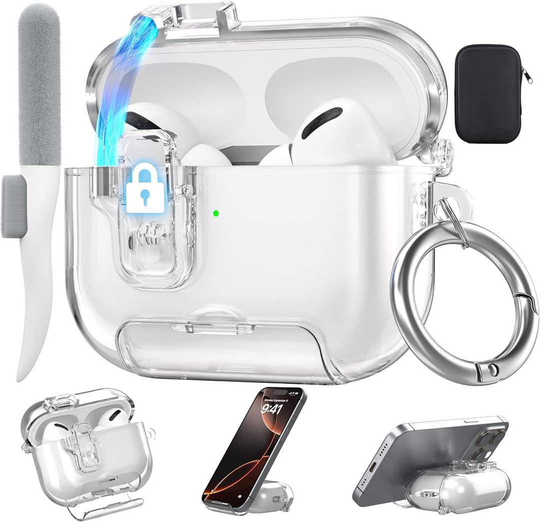 Valkit Compatible with Apple Airpods Pro 3 Case 2025, Clear Magnetic Automatic Lock Cases with Phone Stand &Cleaning Kit for Air pod Pro 3 Gen, iPods Pro 3 Earbuds Keychain Case for Airpod Pro 3 Clear