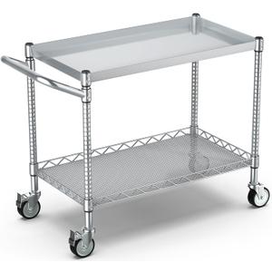 Leteuke 2 Tier Utility Tool Cart with Wheels, 900LBS Capacity Heavy Duty Rolling Utility Carts with Handle, Commercial Grade Metal Serving Storage Cart for Warehouse Garage Kitchen,Silver