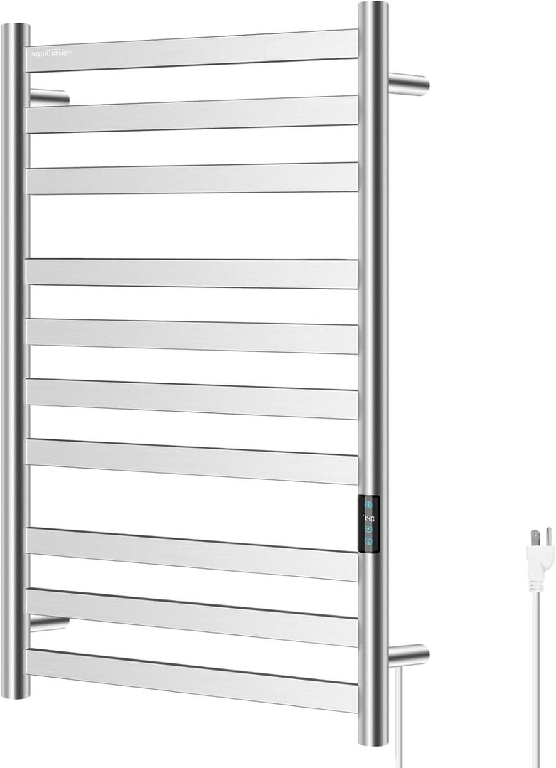 Heated Towel Rack for Bathroom, Towel Warmer with 10 Bar Flat Rack Large, Electric Hot Towel Rack Wall Mounted, LED Buit-in Timer, Hardwired or Plug-in, Stainless Steel, Fast Heating, Nickel
