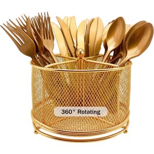 DysanVica 360 Rotating Metal Utensil Caddy - 4 Compartment Silverware Cutlery Holder Rotation Fork Spoon Napkin Organizer Flatware Storage Basket Party Countertop Buffet Picnic Camping Outdoor Gold