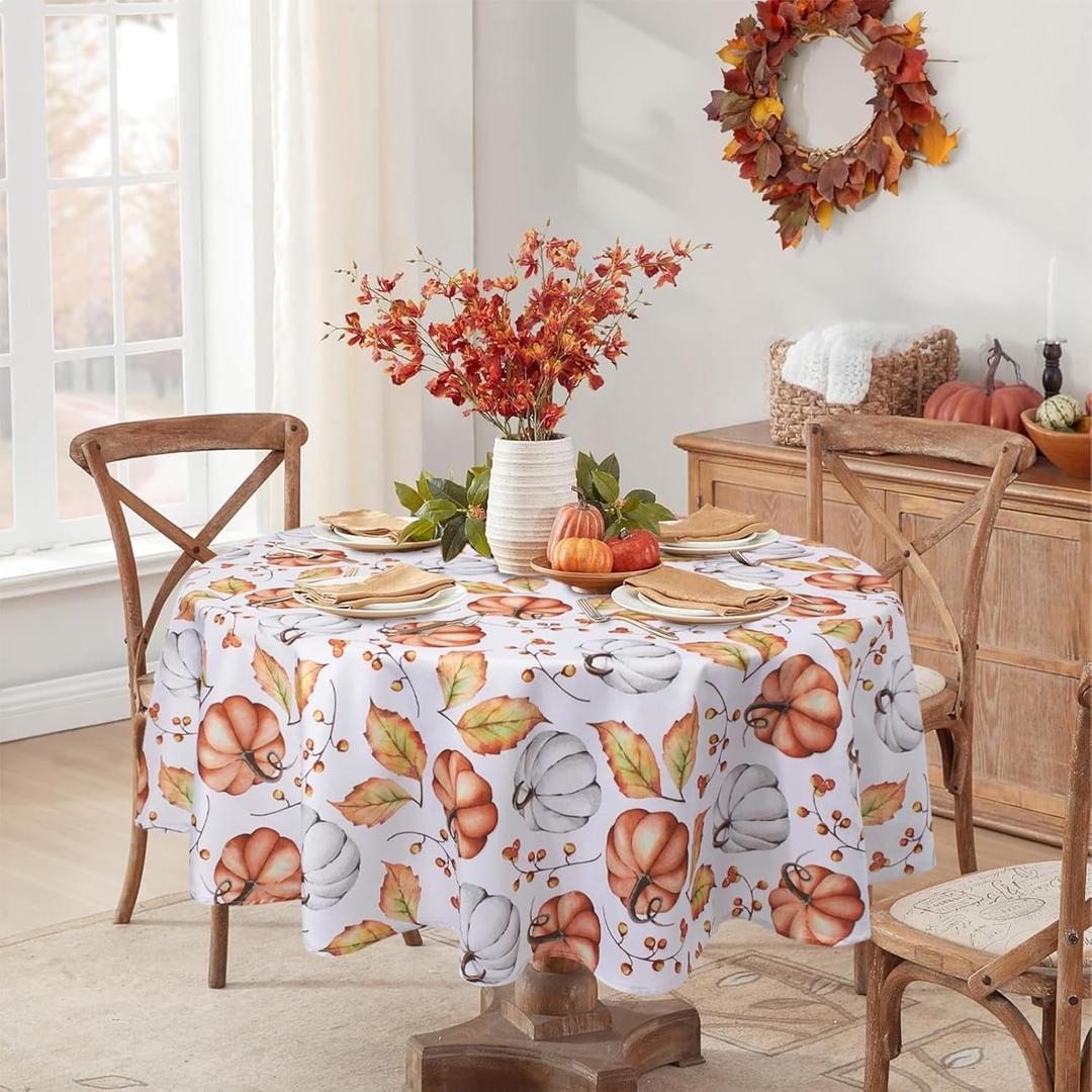 Romanstile Fall Round Tablecloth 70 Inch, Thanksgiving Autumn Harvest Orange Pumpkin Table Cloths, Stain Resistant Farmhouse Table Cover for Thanksgiving Holiday Dinner Party