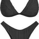 ZAFUL Bikini Sets for Women Triangle Textured Plunging High Cut Cheeky Bikini Swimsuits Two Piece Bathing Suits, XL
