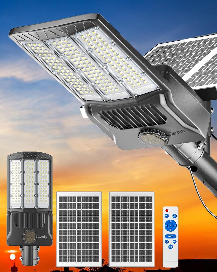 Gefolly Solar Street Lights Outdoor, Commercial Parking Lot Light Dusk to Dawn IP67 Waterproof 6500K Security Flood Lights Lamp for Yard, Road, Basketball Courts (SL-8800W, 550000LM), SL-8800W/1Pack