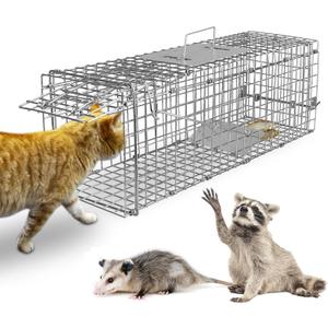 KOCASO Live Animal Cage Trap, Collapsible Humane Live Animal Cage Trap, Galvanized Steel Humane Live Trap Cage for Rabbit,Stray Cat, Groundhog, Raccoon,Squirrel,Chipmunk,Mole,Skunk,Gopher,24"x8"x8"