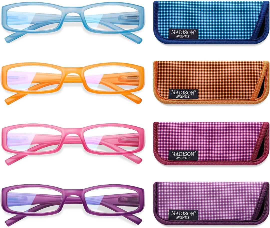 Madison Avenue 4 Pack Multicolor Blue Light Blocking Reading Glasses for Women, Flexible Spring Hinge Readers +1.0