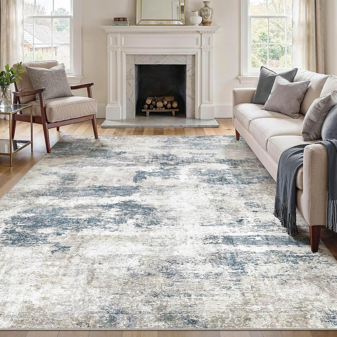 Modern Abstract Area Rug 10X12-Washable Rug Non-Slip Soft， Rugs for Living Room, Bedroom & Dining Room, Pet Friendly & Easy to Clean Floor Carpet, Stylish Contemporary Art Decor 10X12 Rugs, Blue/Grey