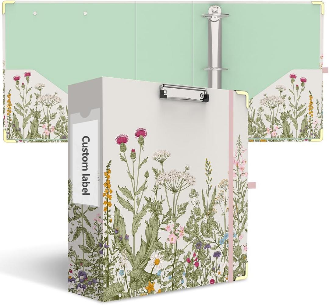 3 Ring Binder 3 Inch, Cute Decorative Hardcover Low Profile Clipboard with Storage, 3'' Round Ring Binders for Letter Size Paper, Durable Binder Organizer for School Office Supplies(Garden Flowers)