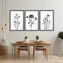 Flower Plant Wall Art Decor 24"x16" Set of 3 Black And White Botanical Painting Wood Framed For Minimalist Bedroom Office Rustic Living Room Abstract Wildflower Sign Hanging (Black)