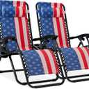 Best Choice Products Set of 2 Adjustable Steel Mesh Zero Gravity Lounge Chair Recliners w/Pillows and Cup Holder Trays - American Flag