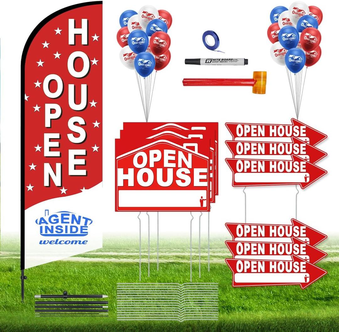 56 Piece Open House Signs for Real Estate Kit, 1 Open House Flag, 9 Double-Sided Estate Sale Arrows and Signs with Metal Stakes, Plus 24 Balloons, Suitable for Real Estate Brokerage Supplies (red)