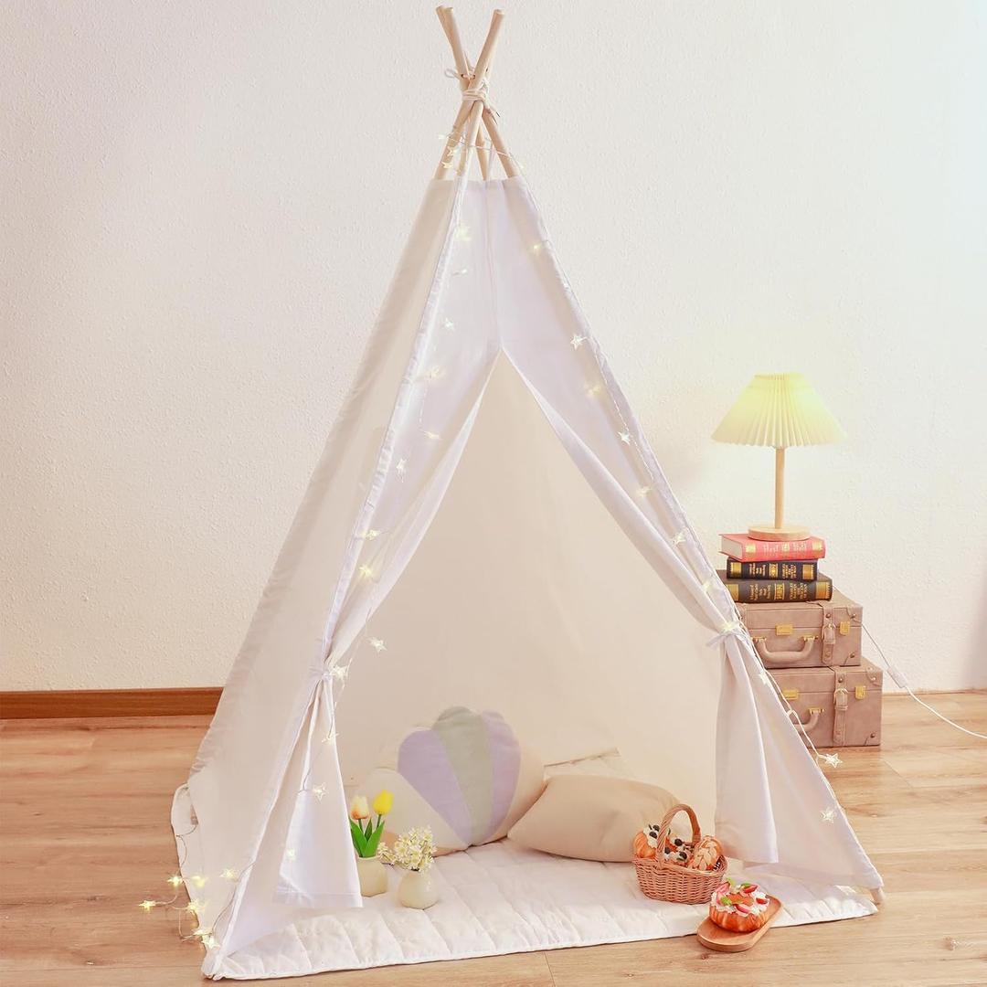 Teepee Play Tent for Kids with Padded Mat & Lights & Carry Case Playhouse for Girls Boys(White)