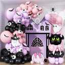 Halloween Balloon Garland Arch Kit, Light Pink Pastel Purple Black Spooky White Eyeball Latex Balloons with Scary 3D Bats Foil Balloon for Kid Halloween Party Decor Indoor Outdoor Backdrop Decorations