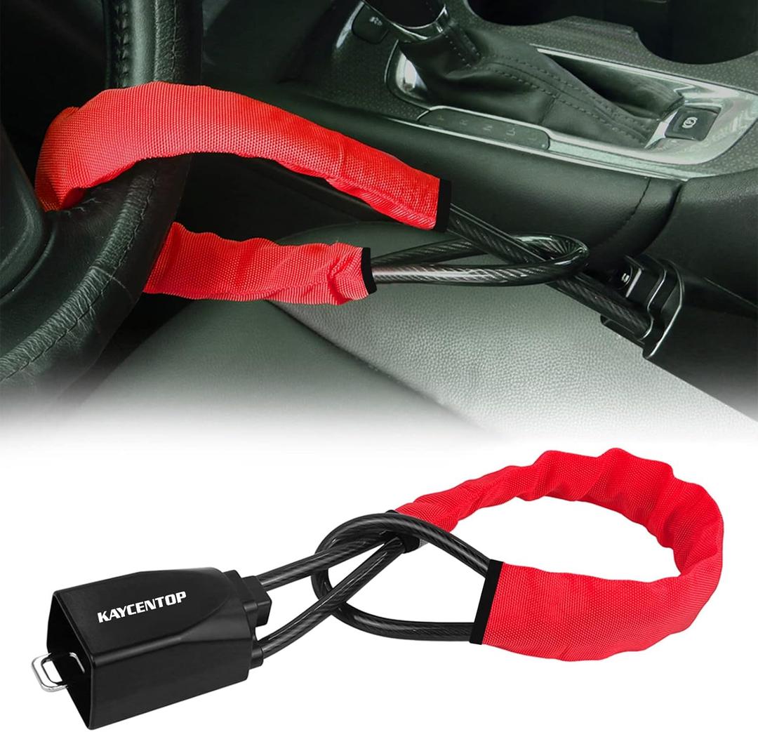 KAYCENTOP Car Steering Wheel Lock, Seat Belt Lock, Anti-Theft Device, Max 17 Inch Length, Small and Light-Weight, Multi-Functional, Fit Most Vehicle, SUV, Golf Cart Security (Red)