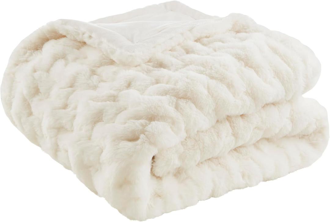 Madison Park Ruched Fur Luxury Throw Premium Soft Cozy Brushed Long Faux Fur For Bed, Couch or Sofa , 50x60" , Ivory