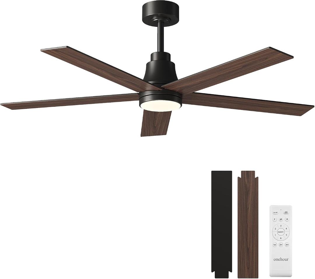 onehour 52" Black Ceiling Fan with Light and Remote, Modern LED 3-Color, 3CCT, Quiet Motor for Bedroom, Living Room, Dining Room, Ceiling Fans with Lights (Black)