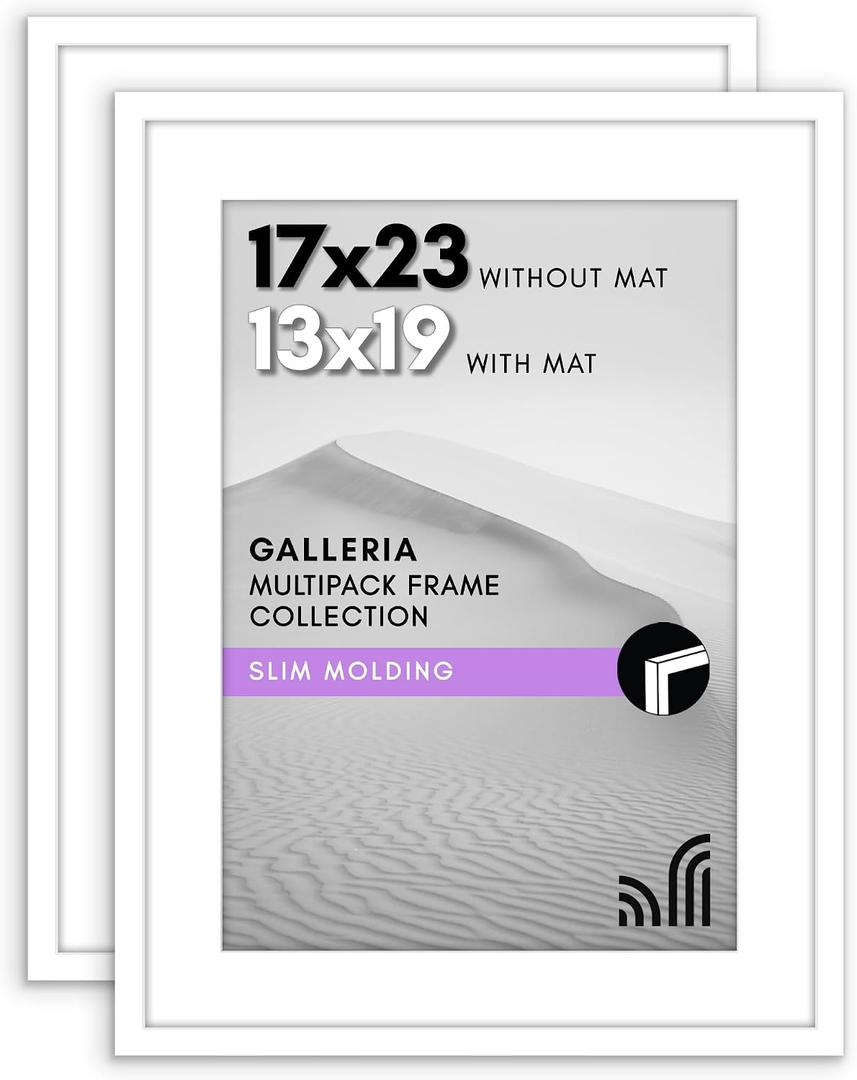 Americanflat 17x23 Picture Frame with Polished Plexiglass - Set of 2 - Use as 13x19 Frame with Mat or Display 17x23 Photo Without Mat - Galleria Collection - Picture Frames for Wall Display - White