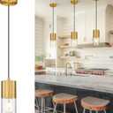 Gold Pendant Lights Kitchen Island, Hanging Lights Fixtures with Cylinder Clear Glass, Modern Brass Kitchen Pendant Lighting Over Island for Dining Room, AD-24023-1P-GD