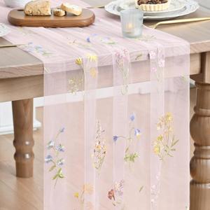 Artoid Mode Wildflower Floral Light Pink Gauze Embroidery Table Runner 120 Inch 10FT, Tulle Seasonal Spring Kitchen Dining Table Decor for Home Party