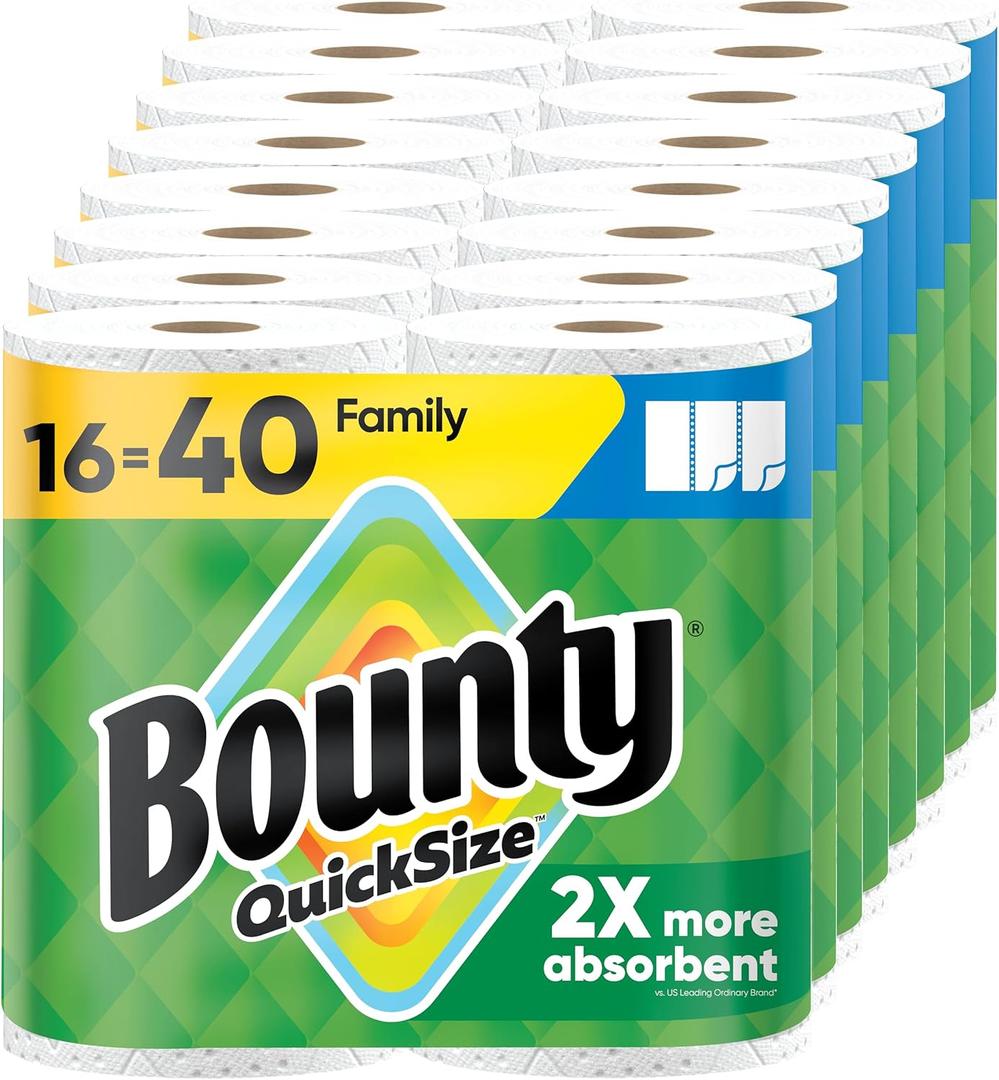 Bounty Paper Towels Quick Size, White, 16 Family Rolls = 40 Regular Rolls (16 Rolls (107 Sheets each))