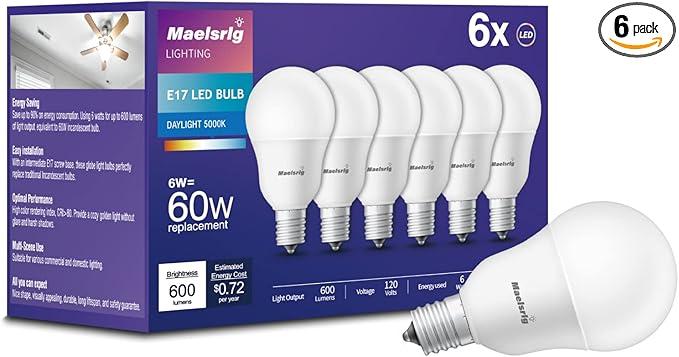 E17 Intermediate Base LED Bulb, 6W (60 Watt Equivalent) G14 Globe Ceiling Fan Light Bulbs, Daylight White 5000K, 600 Lumens, Non-Dimmable, Pack of 6