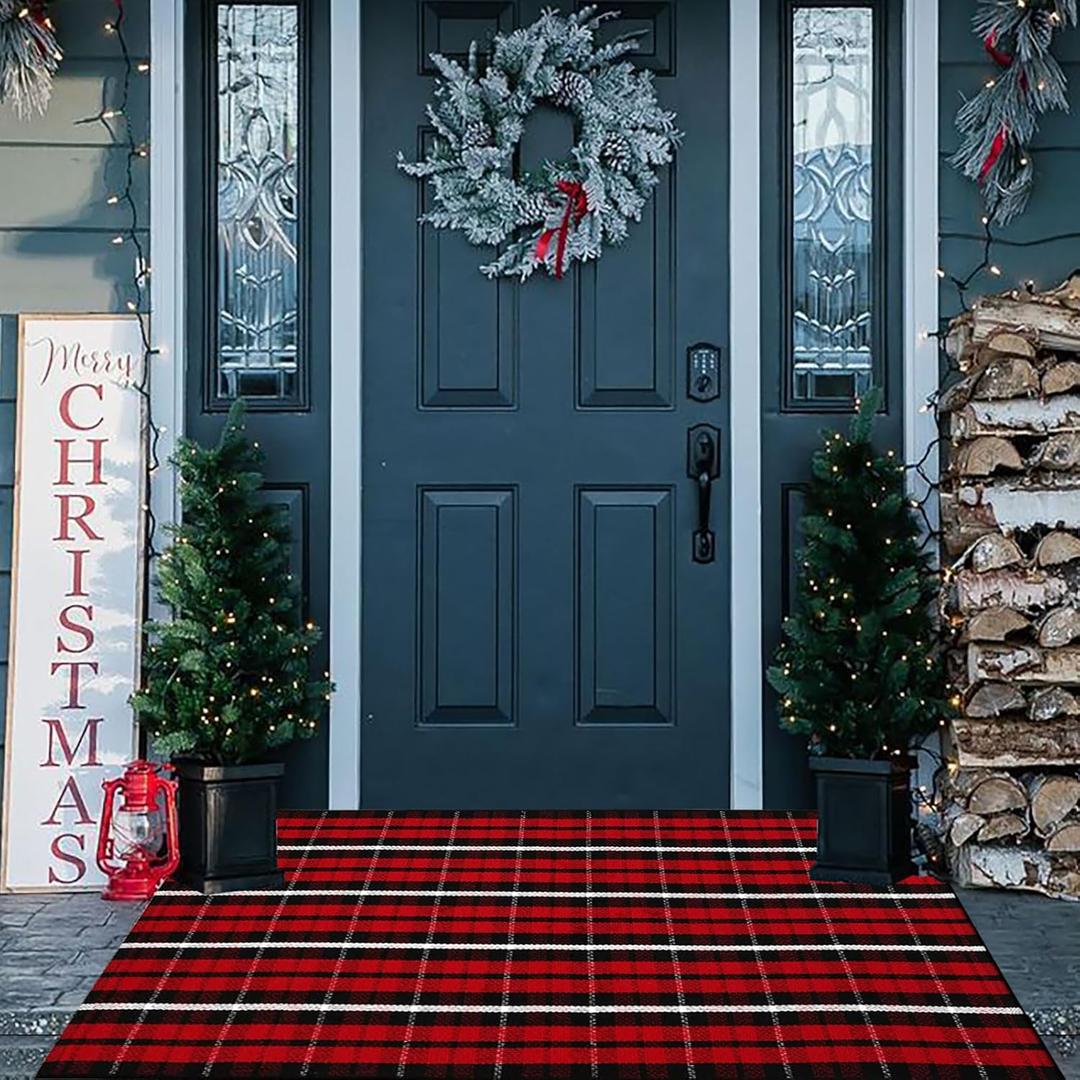 CAINANEL Buffalo Plaid Outdoor Rug Christmas Door Mat Christmas Decor Welcome Rug Cotton Hand-Woven Layered Door Mats for Front Porch, Kitchen, Farmhouse, Entryway (35.4''x59'', Red/Black/White)
