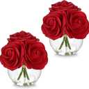 Hollyone 2Pcs Red Roses Artificial Flowers in Vase Small Silk Fake Rose Bouquet Flowers Floral Arrangements with Glass Vase with Faux Water for Home Bathroom Office Table Centerpiece Decorations