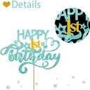 2 x Sky Blue Glitter Happy 1st Birthday Cake Topper, One Year Old Birthday Party Cake Decor, Gold Number 1 Birthday Party Supplies Decorations for Baby Girl or Baby Boy