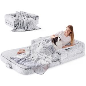 Human Dog Bed for Adult, 2 in 1 Foldable Giant Dog Bed for People Fits Pet Families, Egg Foam Supportive Mat, Waterproof Liner, Faux Fur Human Size Pet Bed with Blanket, 71"x43"x10", Grey