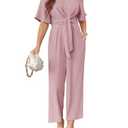 Cicy Bell Women's Elegant V Neck Jumpsuits Dressy Casual Short Sleeve Wide Leg Long Pants Rompers. Size S/M