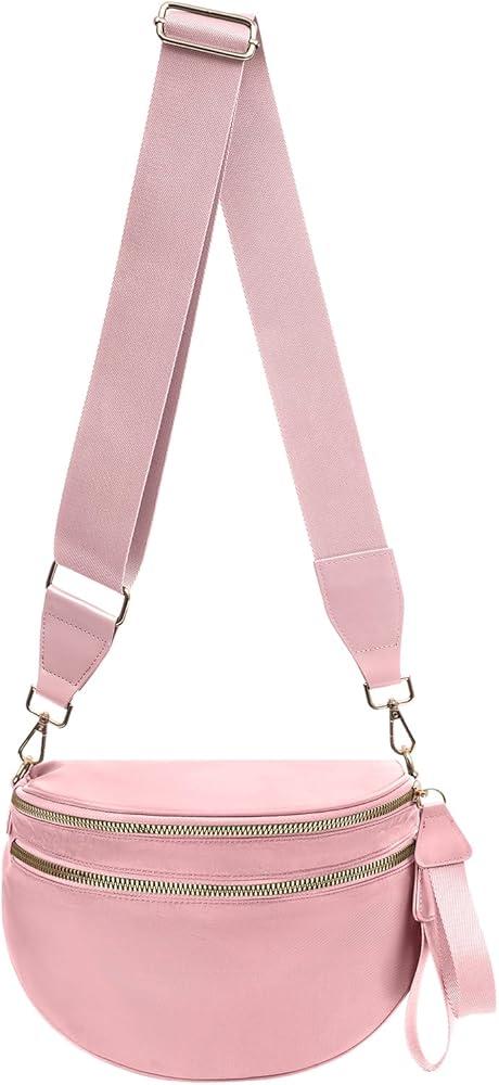 Bum Bags for Women Nylon Crossbody, Spacious Fanny Packs Belt Bag Large Sling Bag with Adjustable Strap, Pink