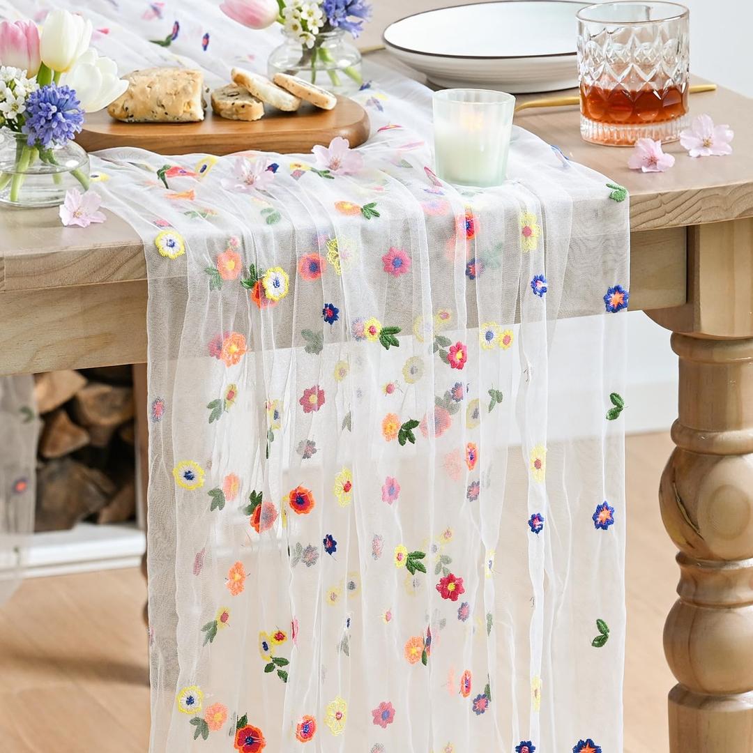 Artoid Mode Embroidery Daisy Spring Gauze Table Runner 59x120 Inch 10FT, Seasonal Sheer Kitchen Dining Holiday Wedding Birthday Table Decor for Home Party