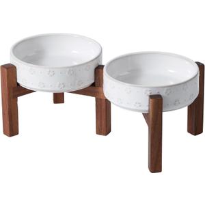 6.1inch Ceramic Raised Double Bowls Set with Acacia Wood Stand, 2 Heights Elevated, Food & Water Bowls for Toy Breed Dogs, Kitty, Cats, Pet Bowl(13.5OZ, Arctic White)