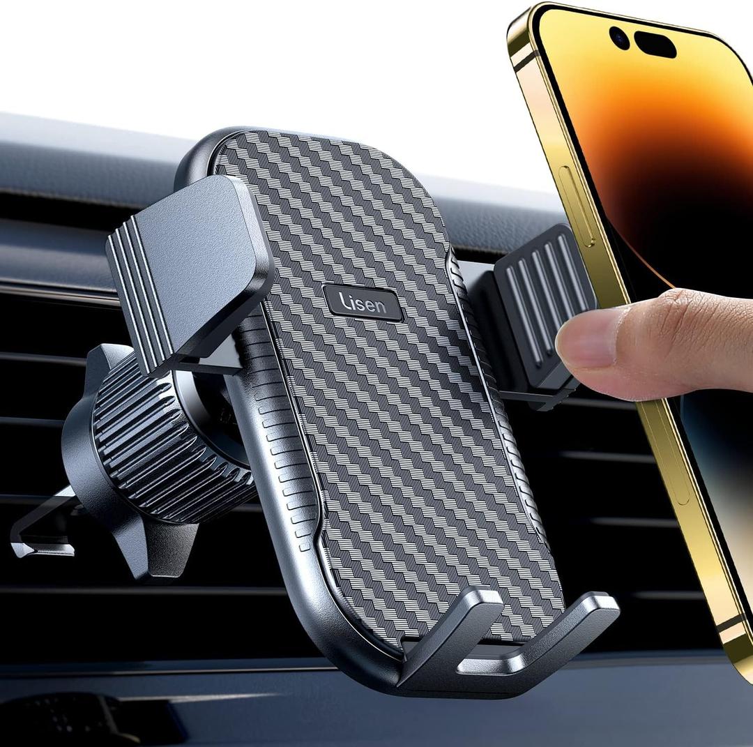 LISEN Car Phone Mount, Phone Holders for Your Car [Thick Cases Friendly] Car Vent Phone Holder & Metal Hook Truck Jeep Accessories for iPhone 17 Air Pro Samsung Google and All 4-7'' Phone