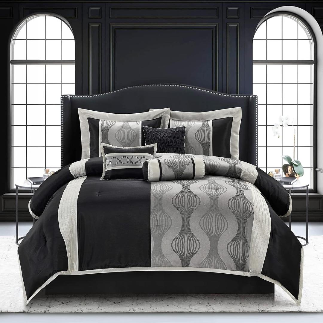 Stratford Park Black and Silver Comforter Set King Size, Elegant 7 Pieces Striped All Season Bedding Set