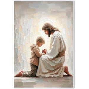 Jesus and Boy Christian Art - Kids Praying with Children - LDS Bible Painting Home Decor Wall Art (12x18in Frameless)