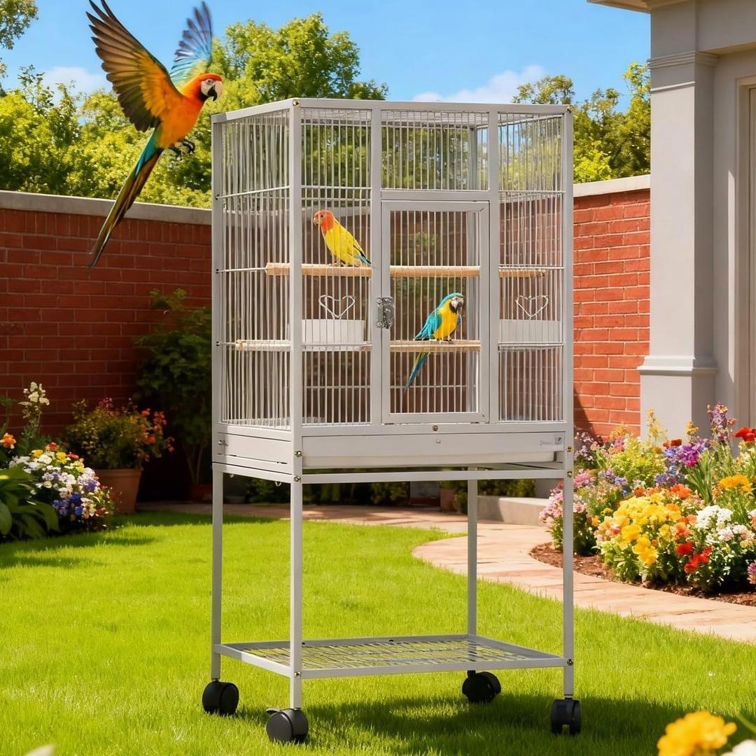GarveeHome 69 Inch Large Bird Cage, Bird Cage with Rolling Storage Stands, Feed Bowls, Wide Tall Parrot Cage for Parakeets, Conures, Cockatiel, Cockatoo (41in White)