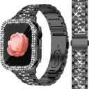 Newlibery Bling Watch Bands with Bling Case for Women Compatible with Apple Watch Band 40mm Elegant Dressy Jewelry Replacement Metal Link Wristband Protector Cover for iWatch Series 6/5/4/SE Black