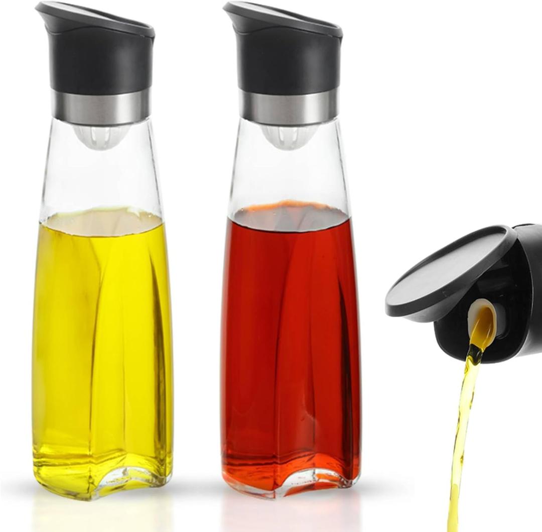 Premium Glass Olive Oil and Vinegar Dispenser Bottles Set, 2-Piece 16oz Kitchen Cooking Cruet with Auto-Open Lid, Non-Drip Pouring Spout, Oil Infuser Filter, Dishwasher Safe (Black)
