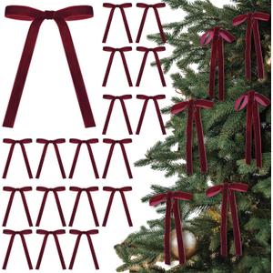 24 Pcs Velvet Bows Christmas Tree Ornaments Vintage Velvet Ribbon Bows for Tree Garland Wreath Indoor Xmas Decorations(5 x 7 Inch,Width of 5/8",Burgundy)