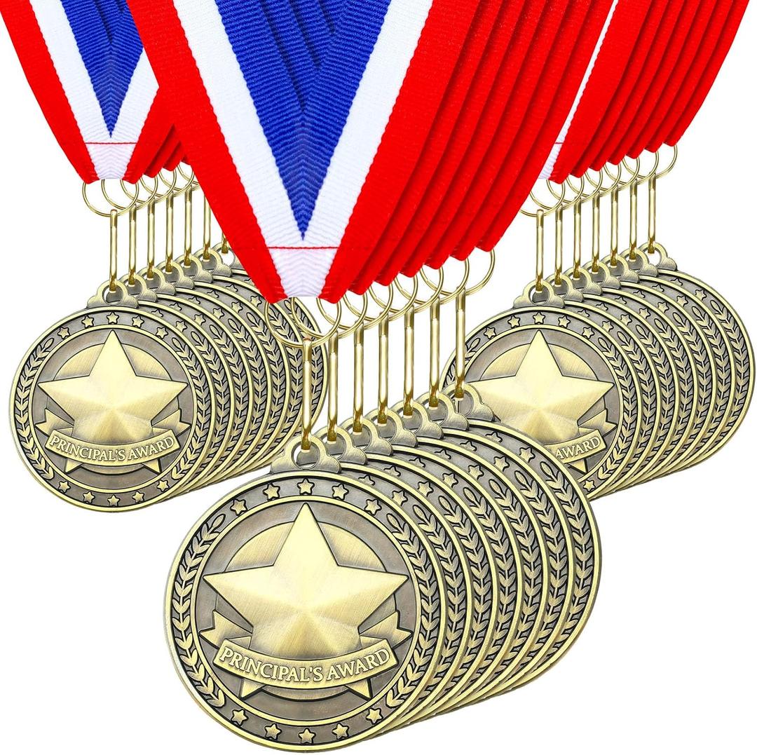 Remuuly Gold Principal Medals for Award Principal Trophy Medal Prize Bulk with Neck Ribbons Gift for Adults Sports Participation Winner