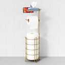 Gold Free Standing Toilet Paper Holder Stand with Phone Shelf, Floor Bathroom Tissue Holder for Large Mega Rolls, Metal Freestanding Toilet Paper Roll Holder with Wipes Storage Tray